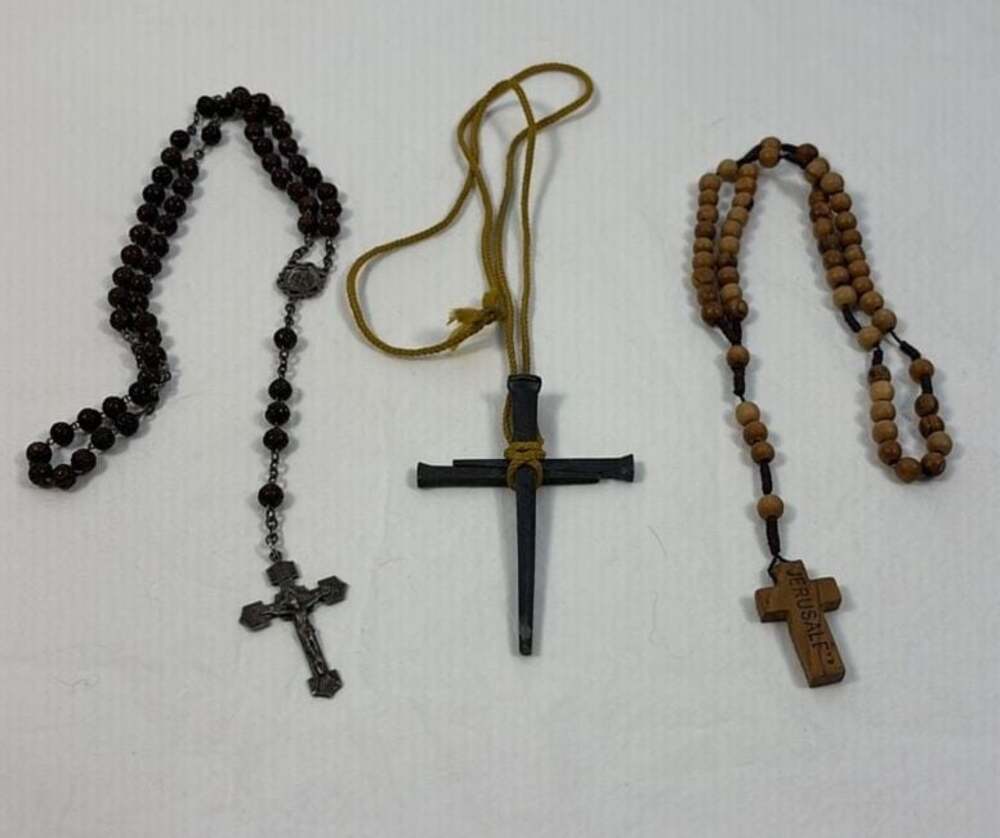 Religious Lot:Sterling Chapel Rosary, Nail Cross Necklace, Jerusalem Wood Rosary